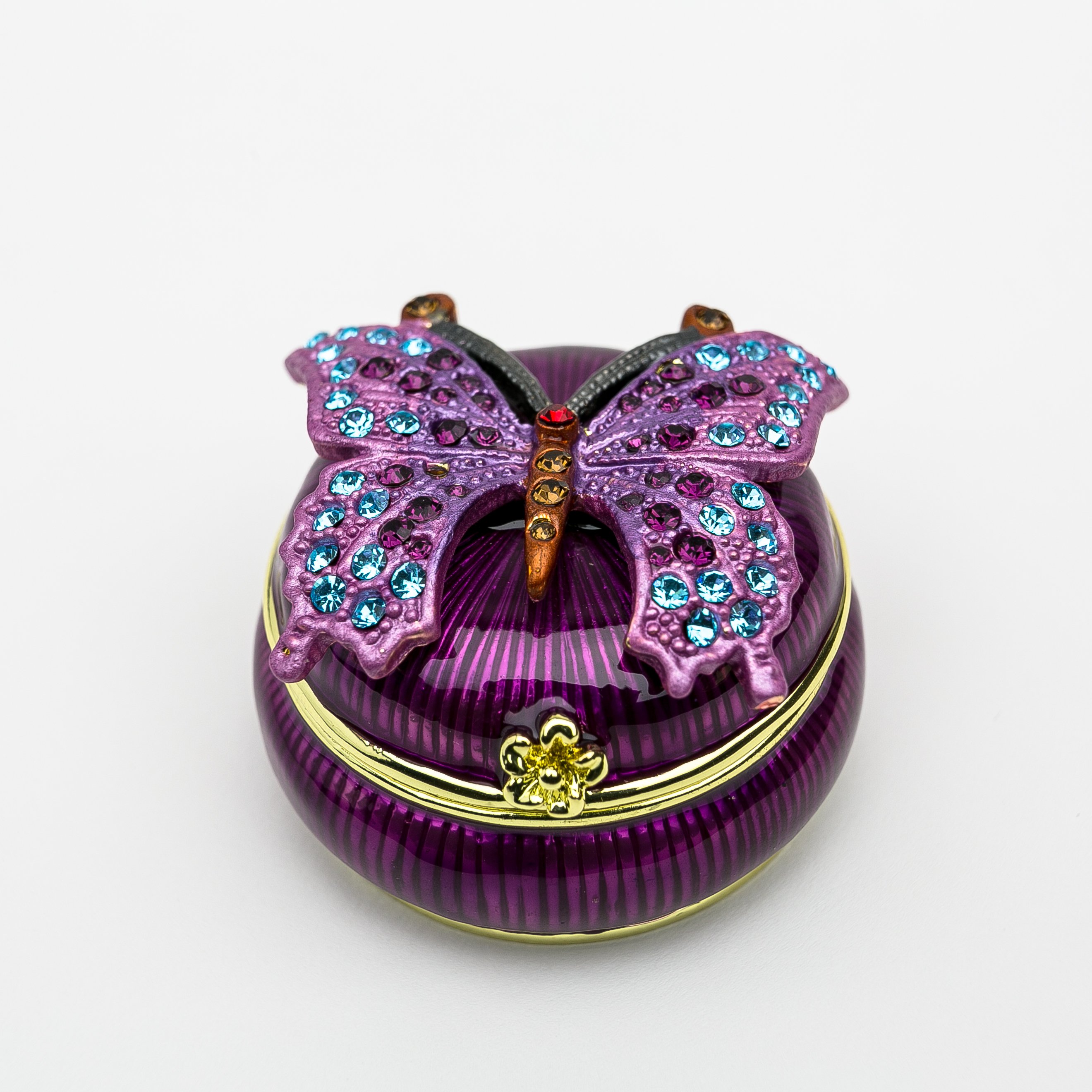 Purple trinket box with butterfly design, adorned with Austrian crystals and gold or silver plating.