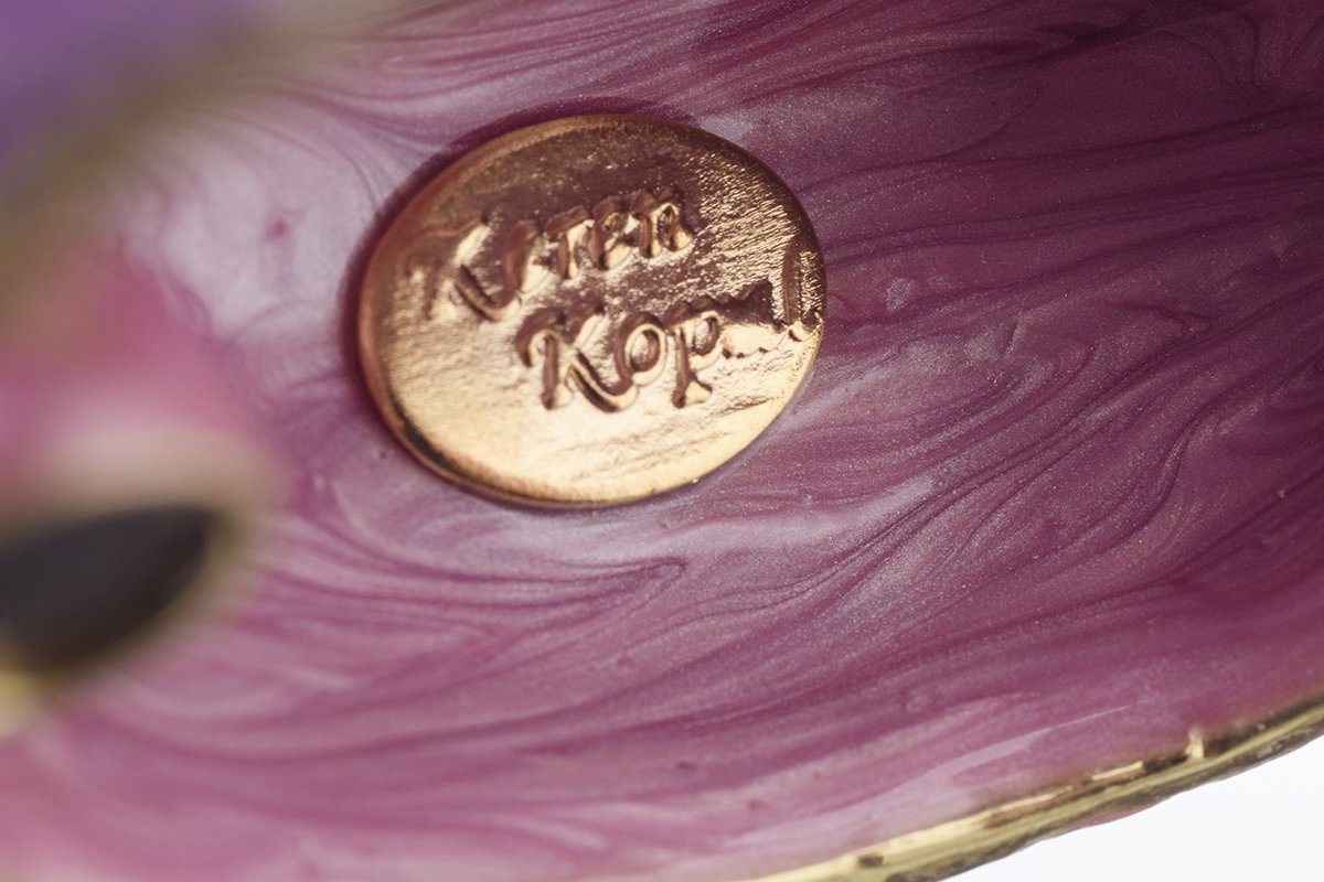 Handcrafted Purple Flower trinket box adorned with Austrian crystals and 24K gold plating, showcasing intricate enamel work.