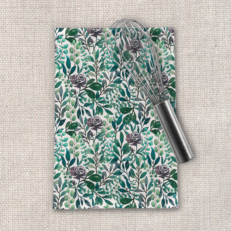 Purple Flowers and Eucalyptus Leaves Tea Towel featuring vibrant floral design on cotton twill fabric, perfect for kitchen use.