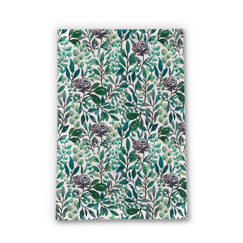 Purple Flowers and Eucalyptus Leaves Tea Towel featuring vibrant floral design on cotton twill fabric, perfect for kitchen use.