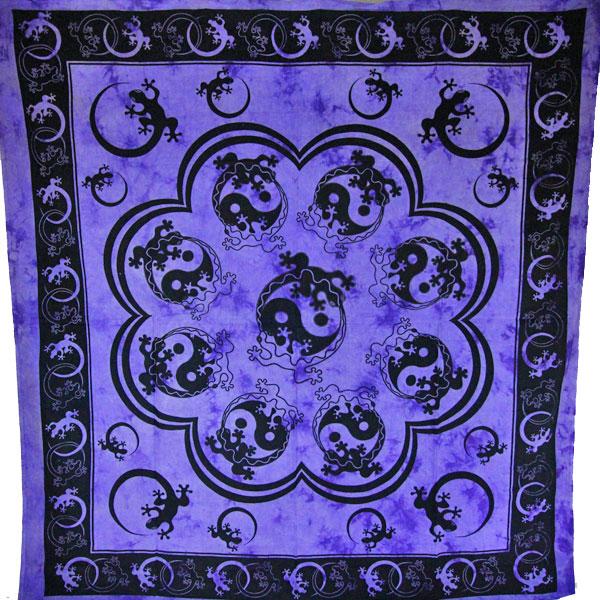 A vibrant Purple Salamander & Yin Yang Artwork Tapestry showcasing intricate designs, perfect for wall art or decorative use.