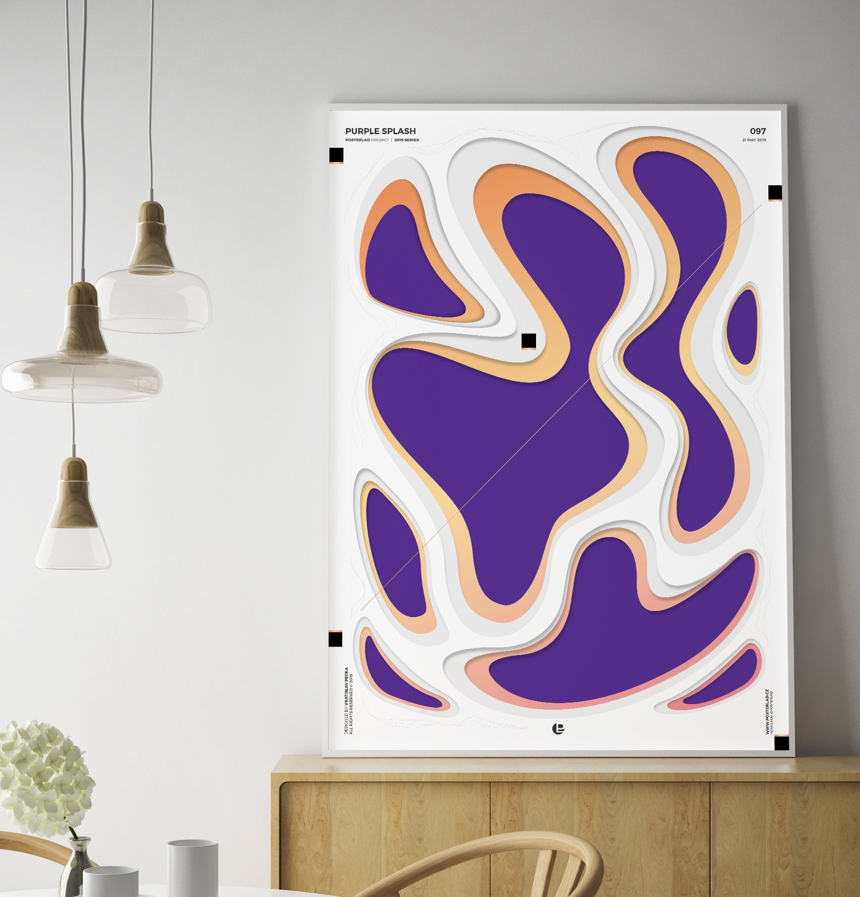 A vibrant Purple Splash poster featuring dynamic colors on thick matte paper, perfect for home or office decor.