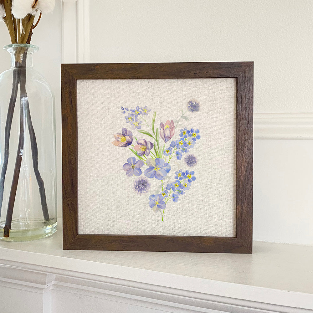 Purple Spring Bouquet framed sign with a stylized wood frame, featuring vibrant floral design on a linen-look background.