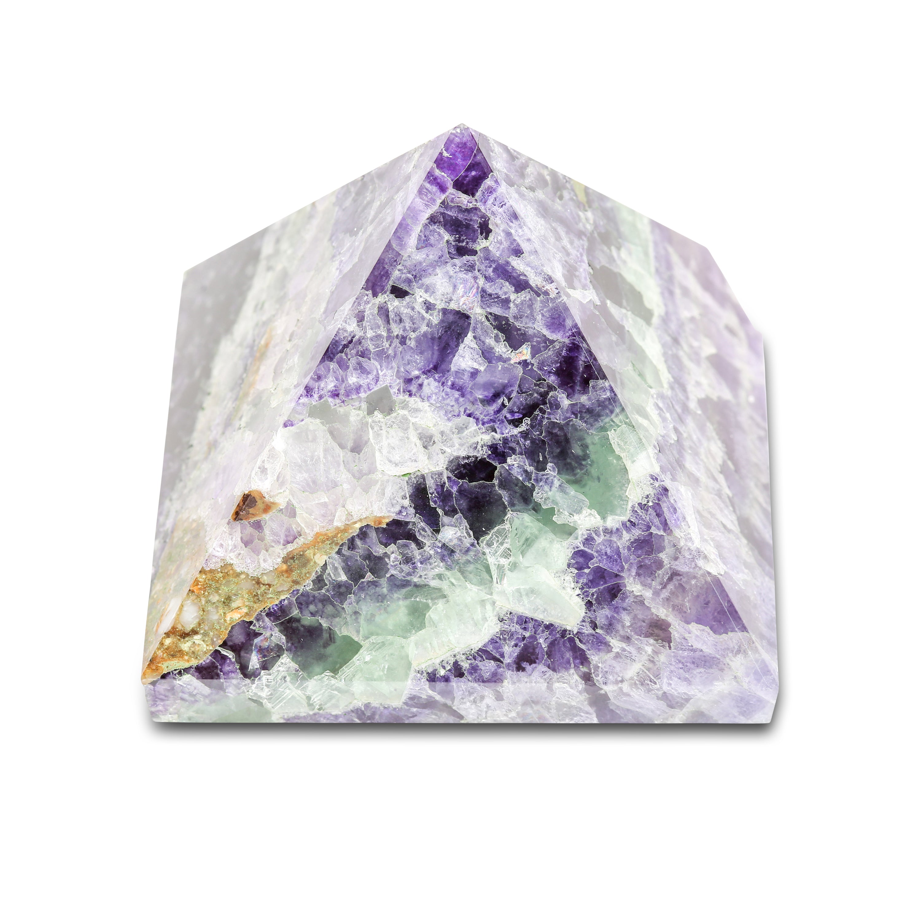 Pyramide en fluorite arc-en-ciel, un objet décoratif puissant pour équilibrer les énergies et favoriser la clarté d'esprit.