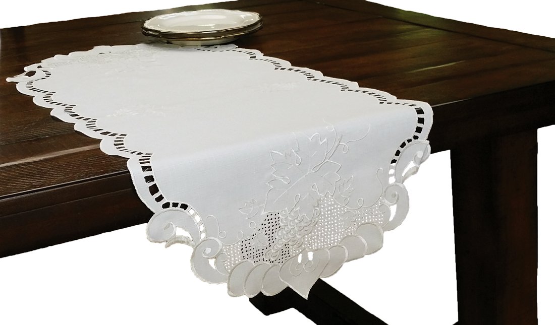 RA05151 Grapes and Leaves Table Runner featuring intricate cutwork and embroidery on an off-white fabric, perfect for elegant dining.