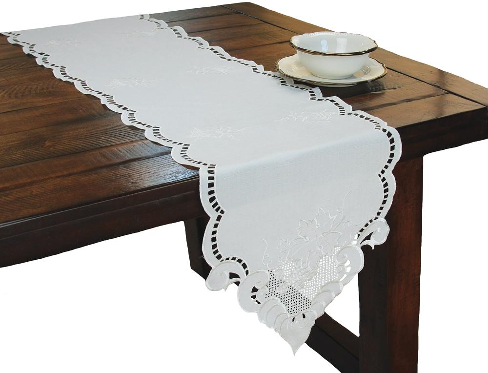 RA05151 Grapes and Leaves Table Runner featuring intricate cutwork and embroidery on an off-white fabric, perfect for elegant dining.