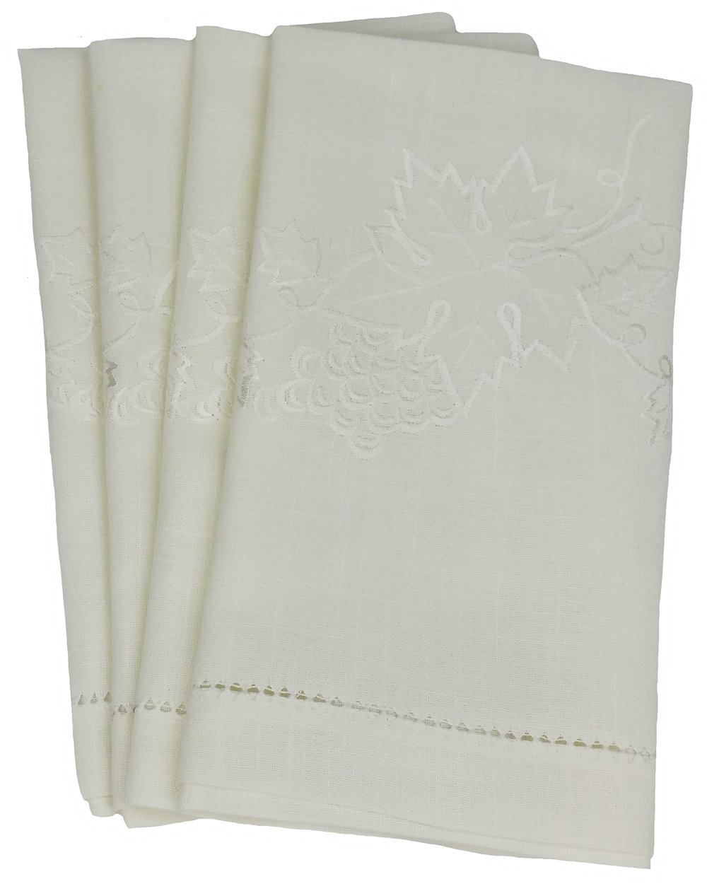 Set of 4 elegant tea towels featuring intricate grapevine embroidery on off-white fabric, perfect for home decor.