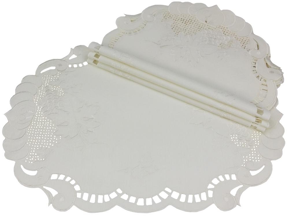 Set of 4 RA05151 Grapes and Leaves Placemats featuring intricate cutwork design on off-white fabric.