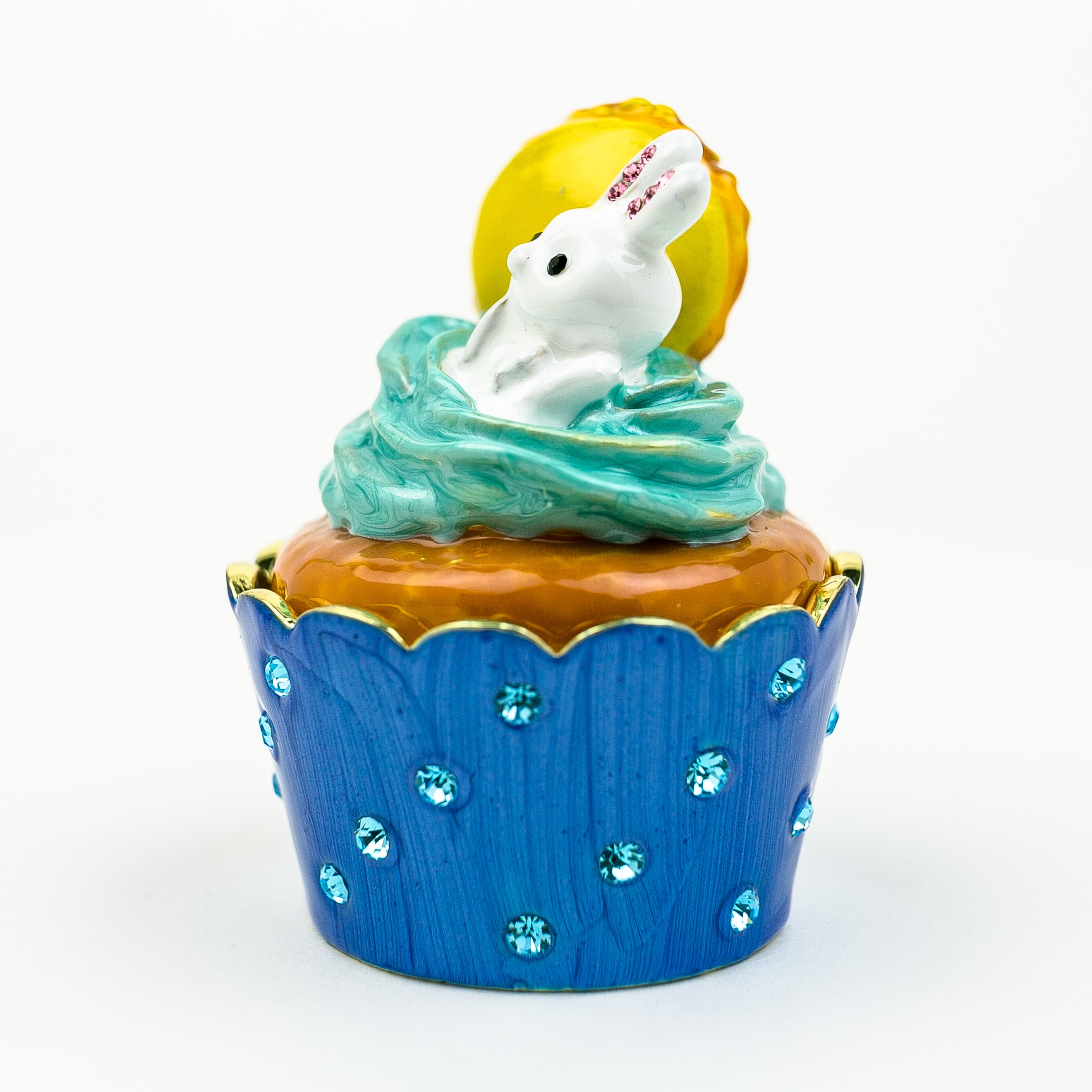 Handmade Rabbit on Cupcake trinket box with Austrian crystals and 24K gold plating, featuring a whimsical rabbit design.