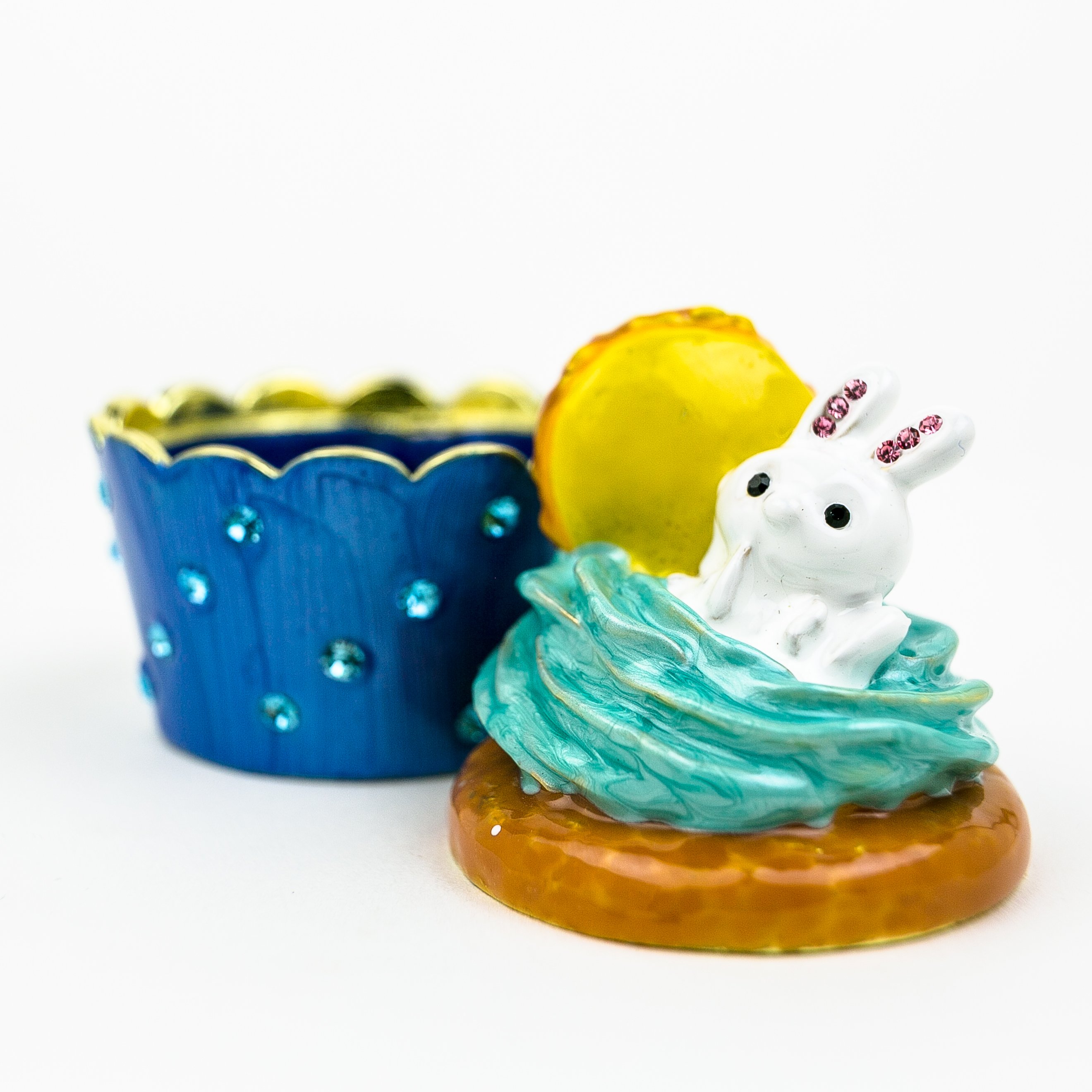 Handmade Rabbit on Cupcake trinket box with Austrian crystals and 24K gold plating, featuring a whimsical rabbit design.