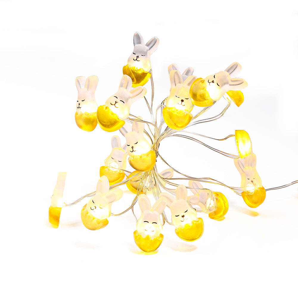 A string of 30 LED fairy lights shaped like rabbits and eggs, glowing warmly, perfect for Easter decorations.