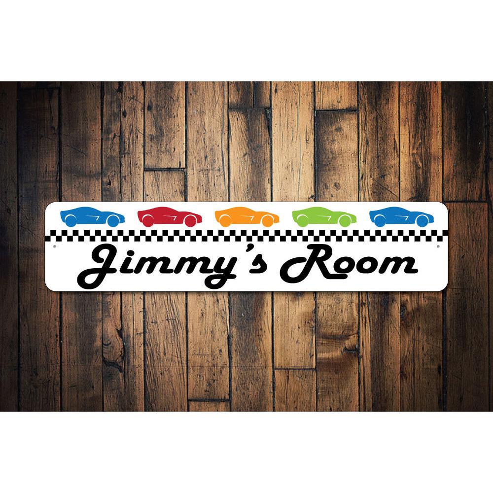 A vibrant Race Car Kid Sign featuring colorful racing graphics, perfect for decorating a child's room.