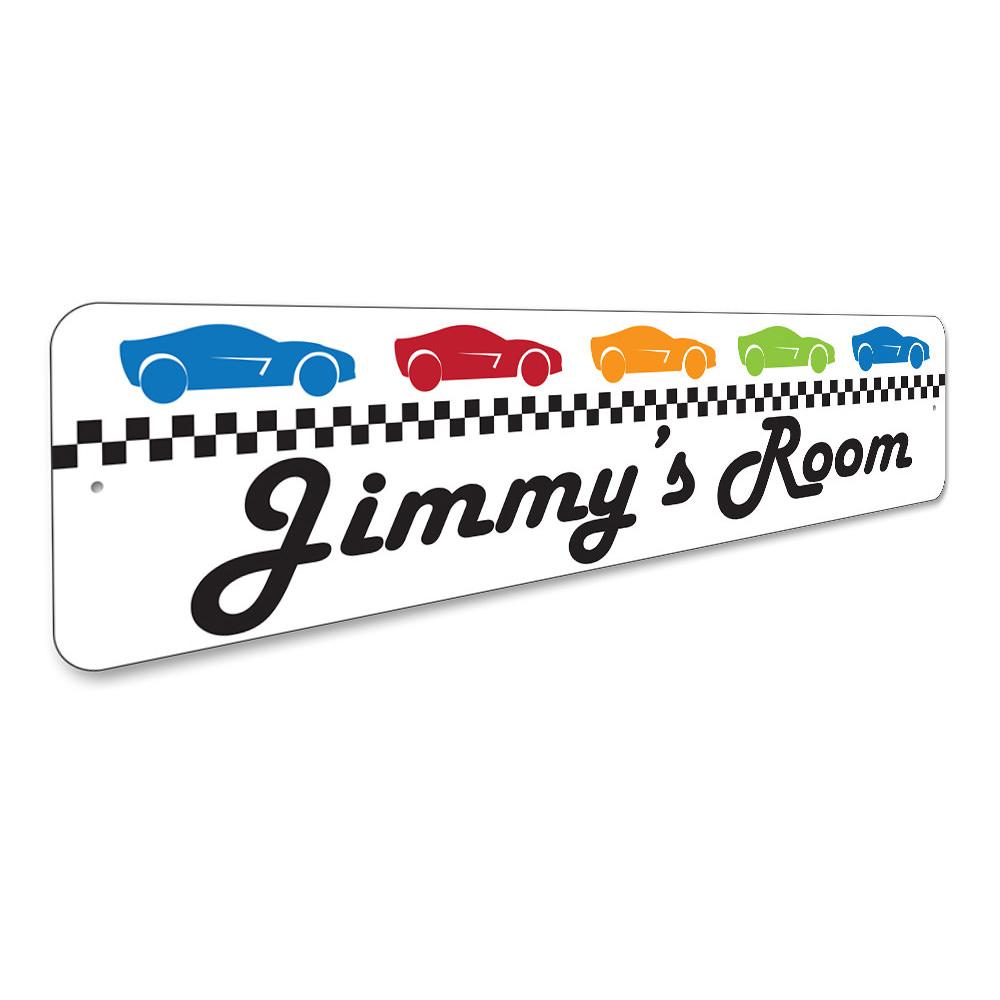 A vibrant Race Car Kid Sign featuring colorful racing graphics, perfect for decorating a child's room.