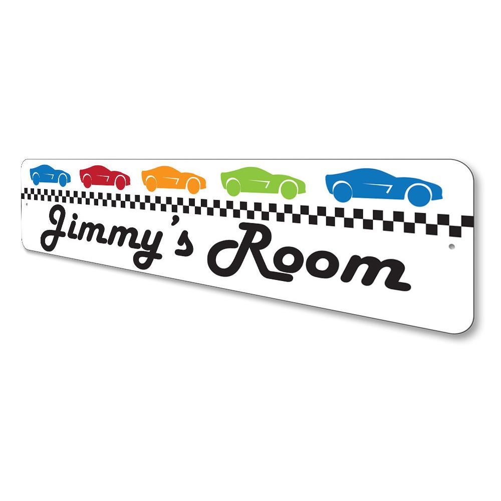 A vibrant Race Car Kid Sign featuring colorful racing graphics, perfect for decorating a child's room.