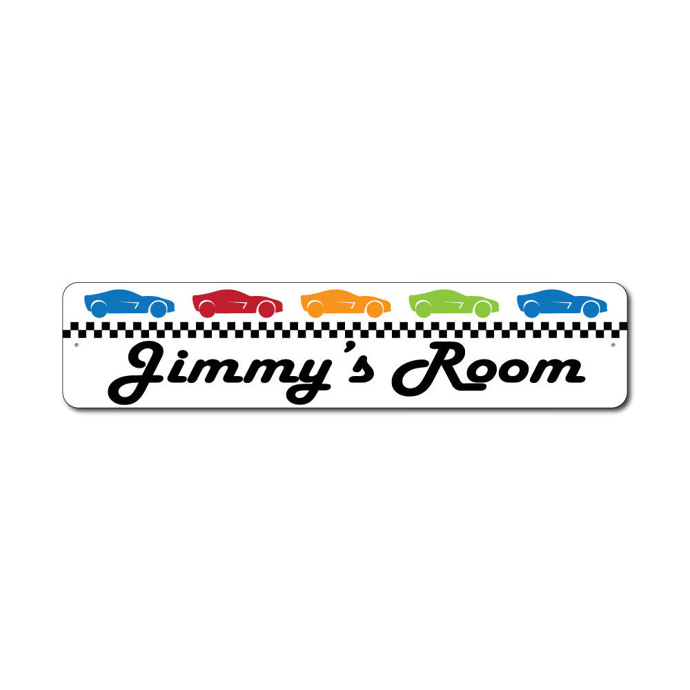 A vibrant Race Car Kid Sign featuring colorful racing graphics, perfect for decorating a child's room.