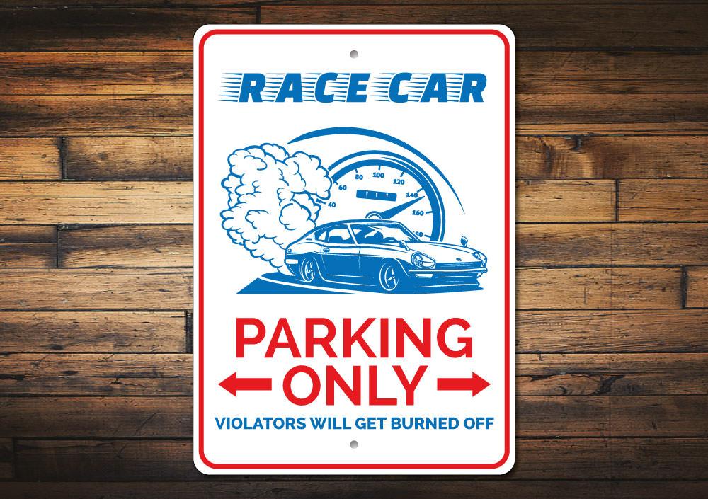 A vibrant Race Car Parking Sign made of durable aluminum, featuring customizable text and pre-drilled holes for easy mounting.