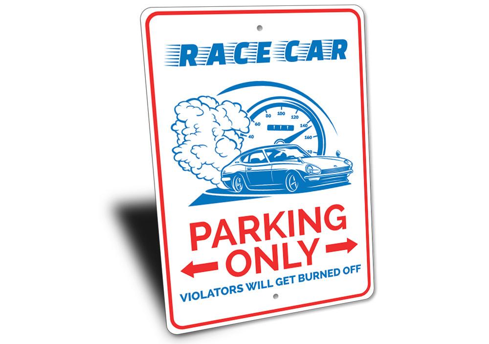 A vibrant Race Car Parking Sign made of durable aluminum, featuring customizable text and pre-drilled holes for easy mounting.