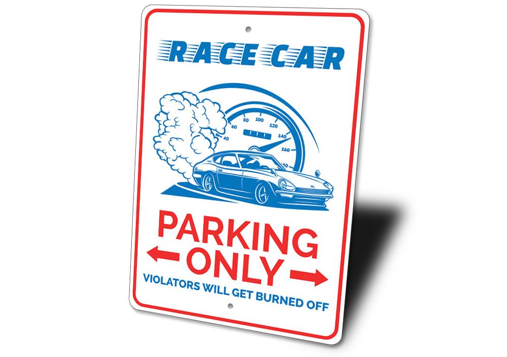 A vibrant Race Car Parking Sign made of durable aluminum, featuring customizable text and pre-drilled holes for easy mounting.