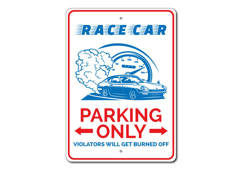 A vibrant Race Car Parking Sign made of durable aluminum, featuring customizable text and pre-drilled holes for easy mounting.