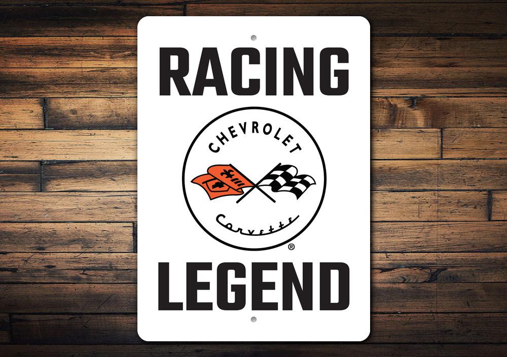 Racing Legend Corvette Sign made from high-quality aluminum, featuring vibrant colors and a classic design, perfect for car enthusiasts.