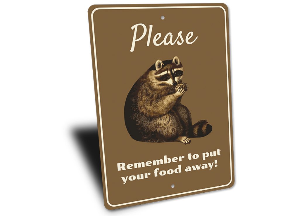 A decorative Raccoon Sign made of high-quality aluminum, showcasing a charming raccoon design, perfect for lakehouse decor.