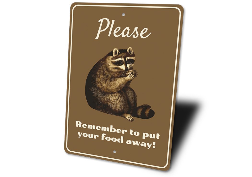 A decorative Raccoon Sign made of high-quality aluminum, showcasing a charming raccoon design, perfect for lakehouse decor.