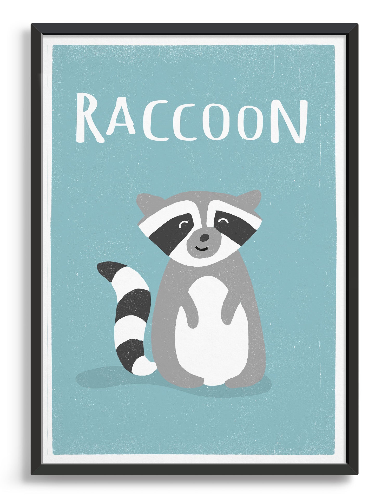 A charming raccoon print designed for children's nurseries and playrooms, featuring a cute raccoon illustration.