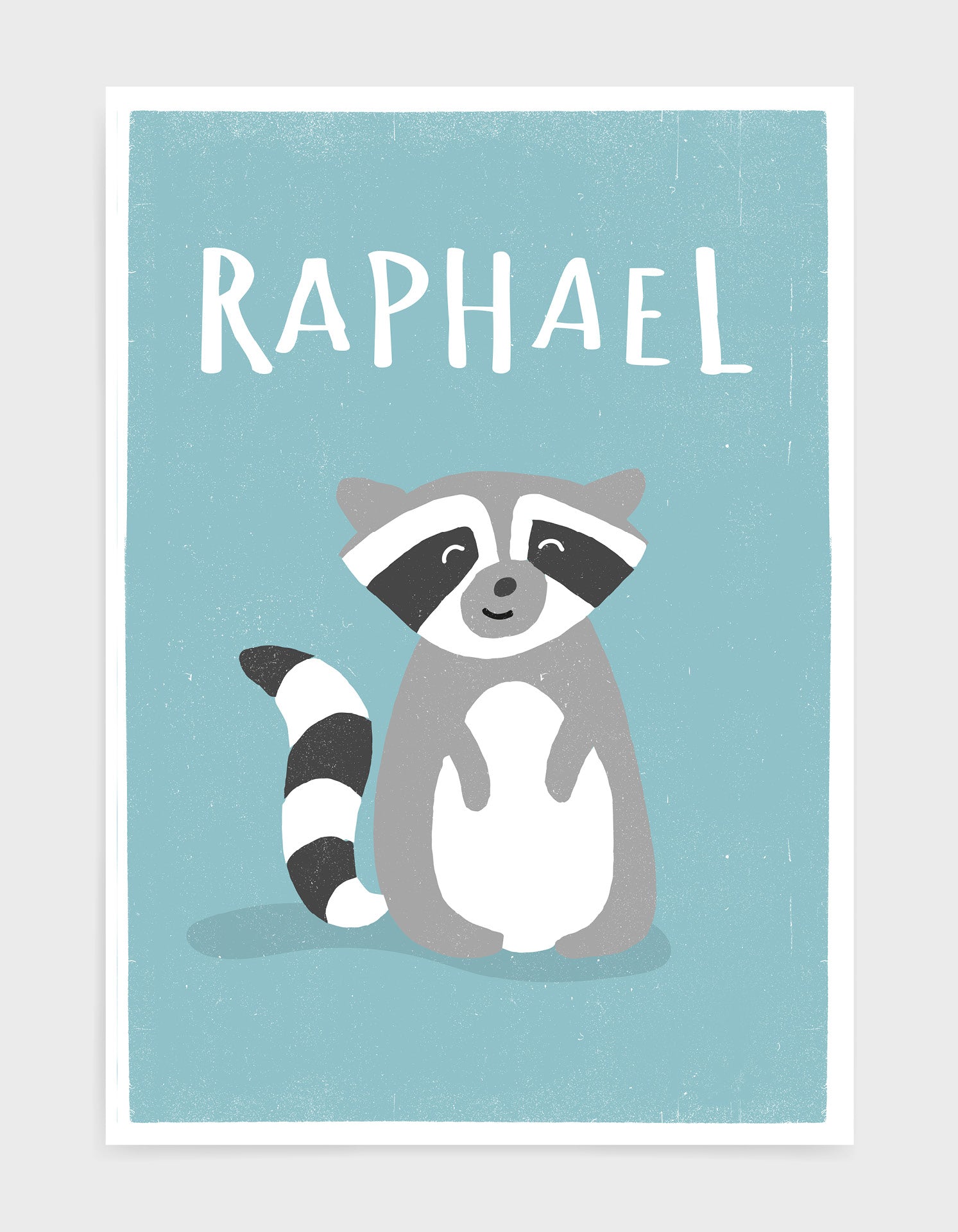 A charming raccoon print designed for children's nurseries and playrooms, featuring a cute raccoon illustration.