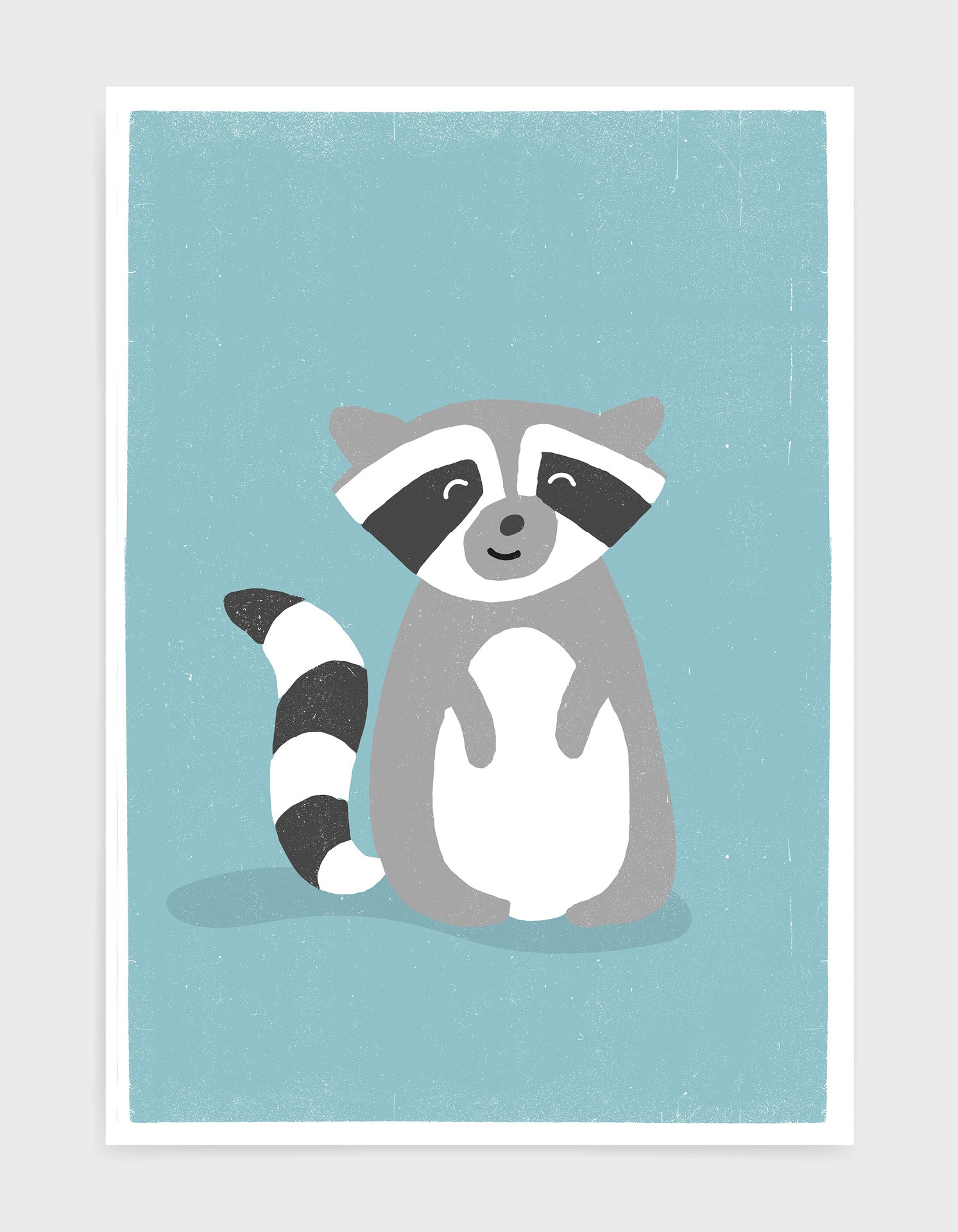 A charming raccoon print designed for children's nurseries and playrooms, featuring a cute raccoon illustration.