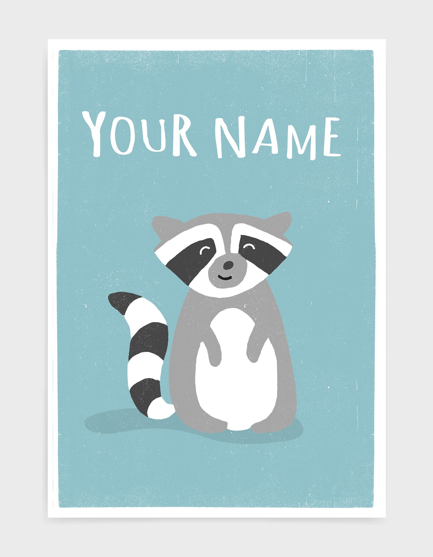 A charming raccoon print designed for children's nurseries and playrooms, featuring a cute raccoon illustration.