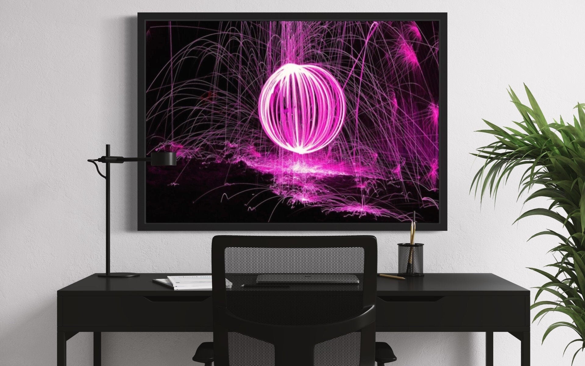 Radiant Burst Pink Firework Print featuring vibrant pink fireworks against a black background, creating a dynamic and festive atmosphere.