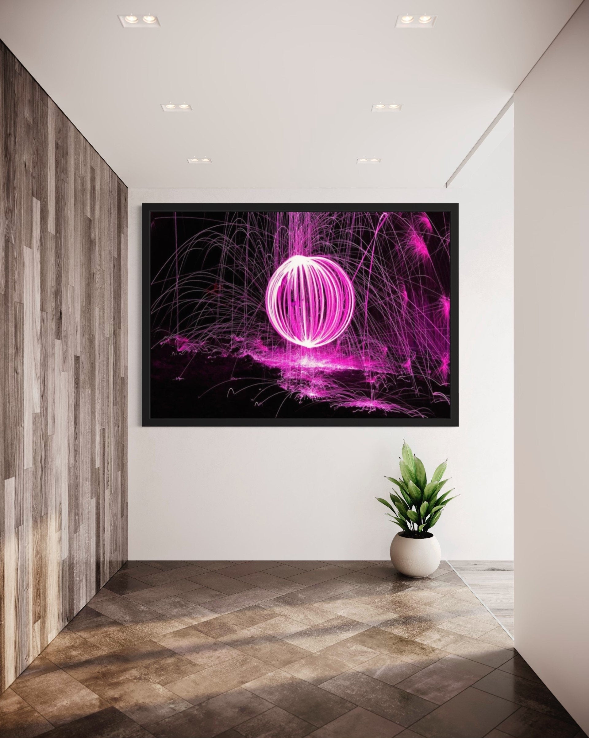 Radiant Burst Pink Firework Print featuring vibrant pink fireworks against a black background, creating a dynamic and festive atmosphere.