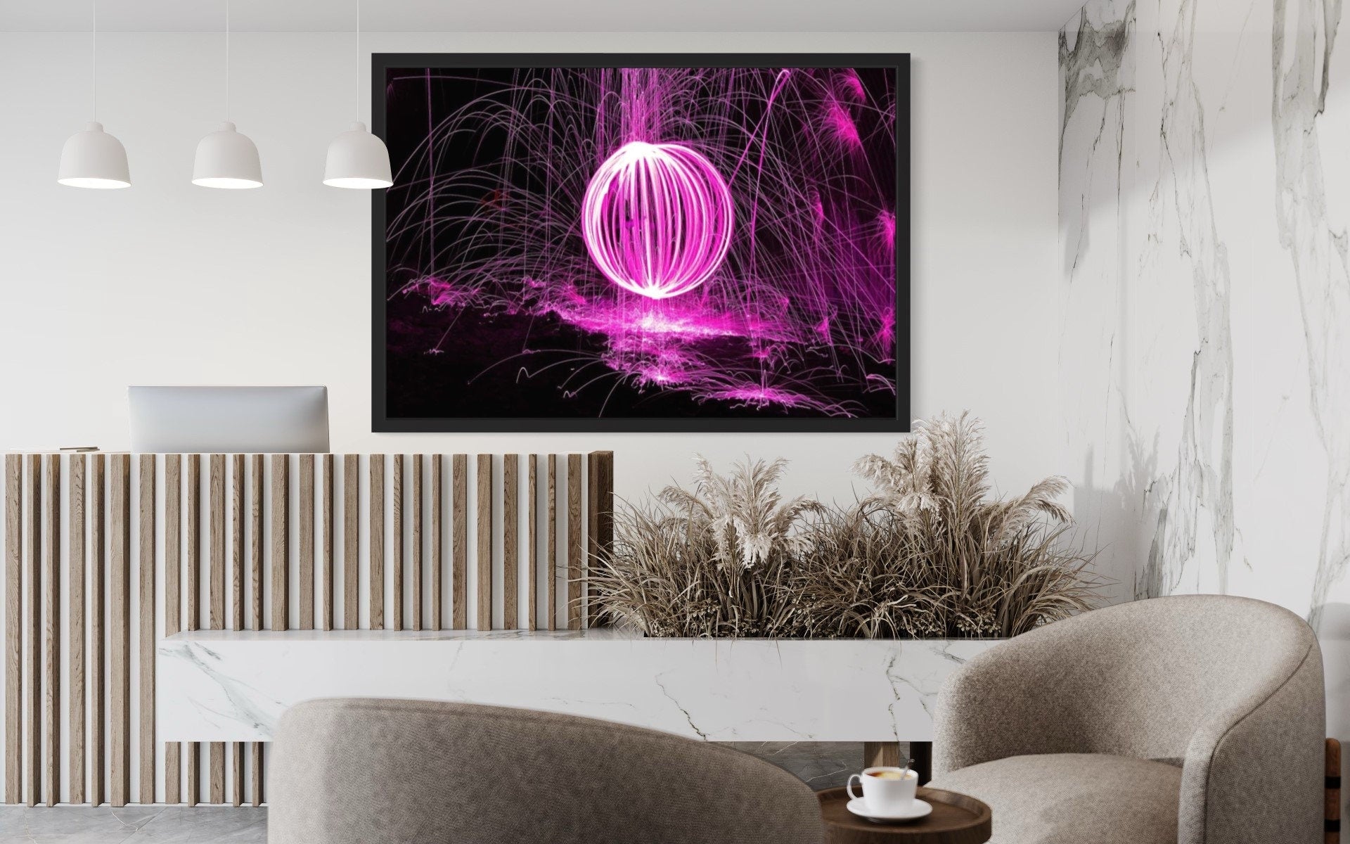 Radiant Burst Pink Firework Print featuring vibrant pink fireworks against a black background, creating a dynamic and festive atmosphere.