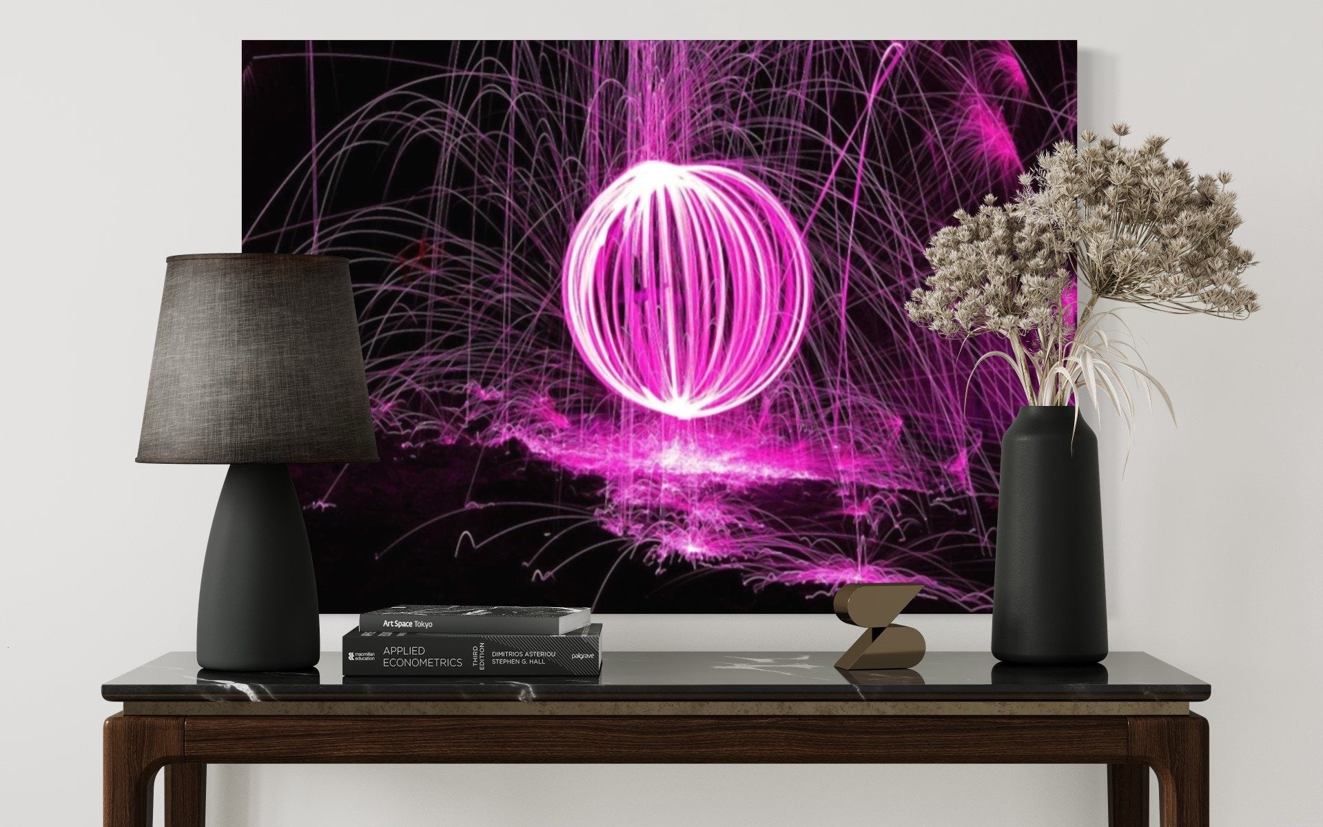 Radiant Burst Pink Firework Print featuring vibrant pink fireworks against a black background, creating a dynamic and festive atmosphere.