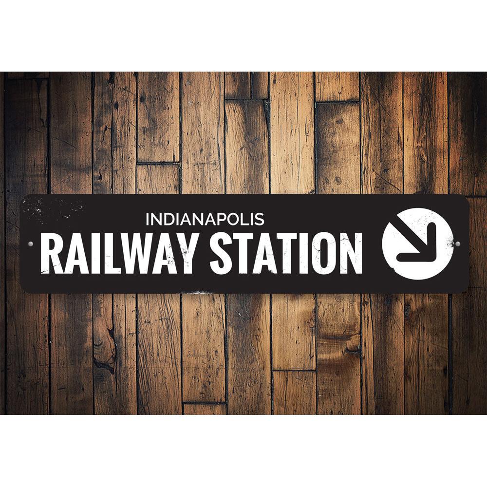 A decorative Railway Station Sign made of high-quality aluminum, featuring customizable text options, ideal for home decor.