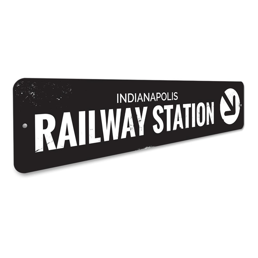 A decorative Railway Station Sign made of high-quality aluminum, featuring customizable text options, ideal for home decor.