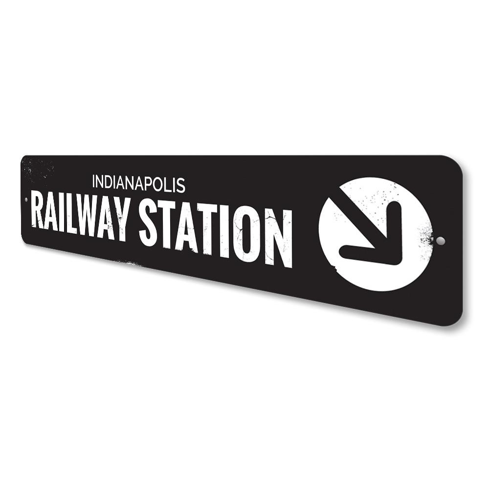 A decorative Railway Station Sign made of high-quality aluminum, featuring customizable text options, ideal for home decor.