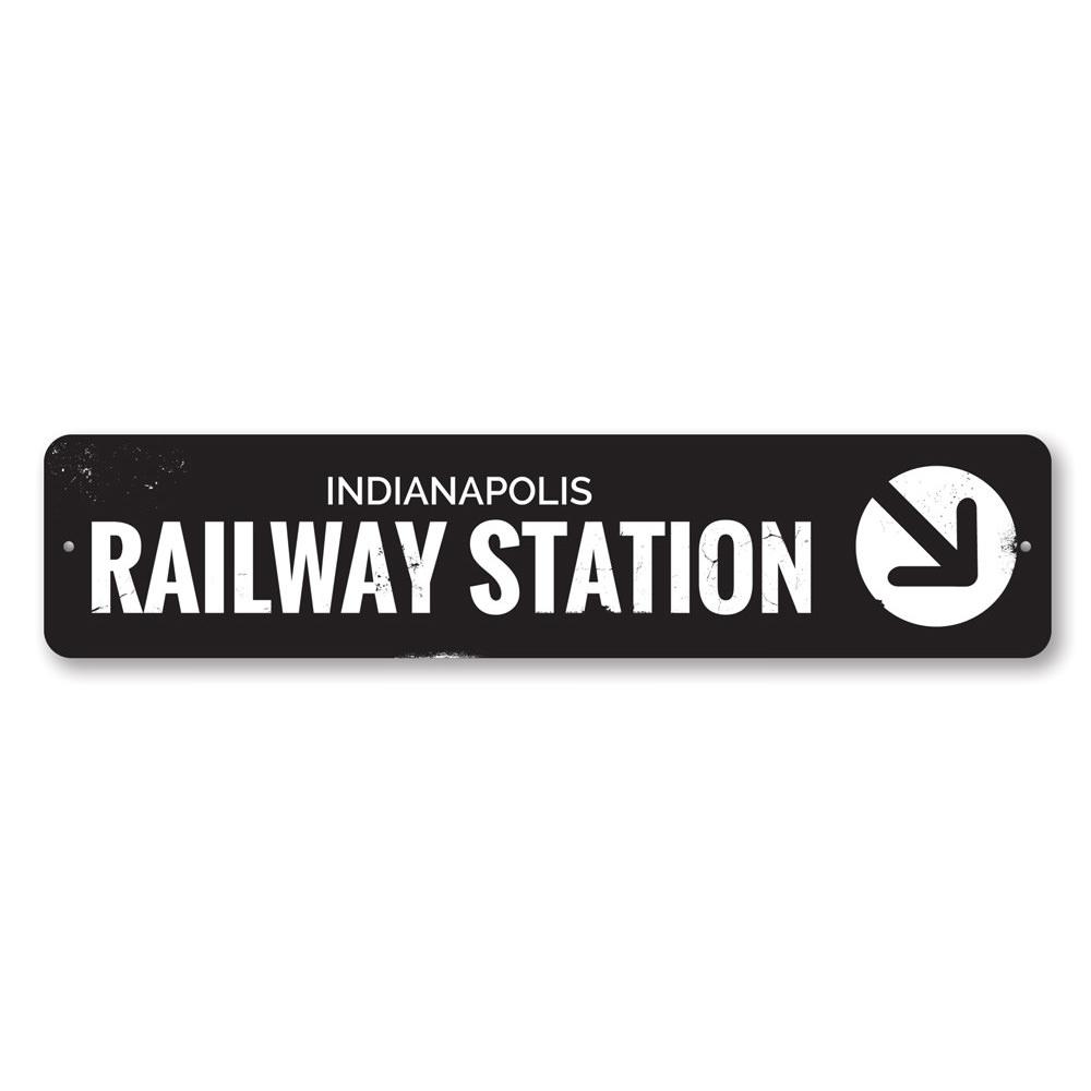 A decorative Railway Station Sign made of high-quality aluminum, featuring customizable text options, ideal for home decor.