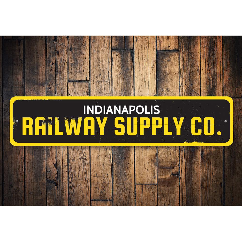 Railway Supply Company Sign made of high-quality aluminum, featuring customizable text and pre-drilled holes for easy mounting.