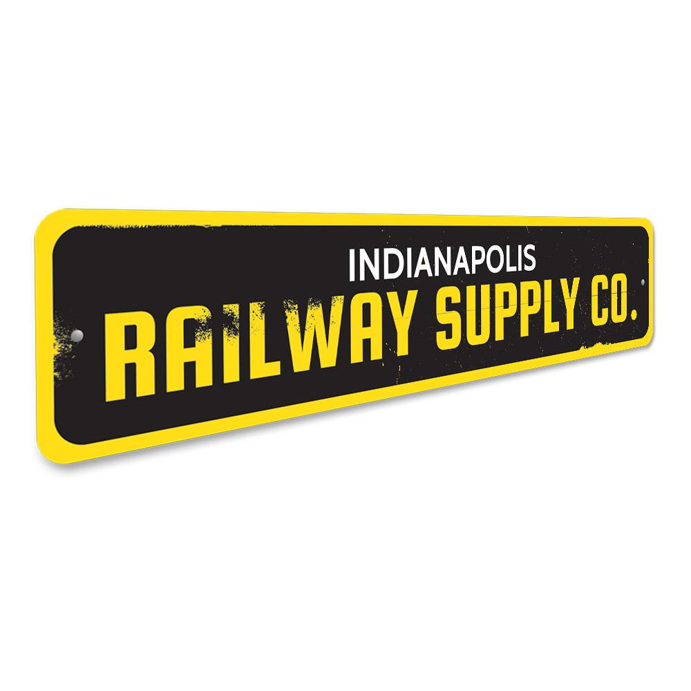 Railway Supply Company Sign made of high-quality aluminum, featuring customizable text and pre-drilled holes for easy mounting.