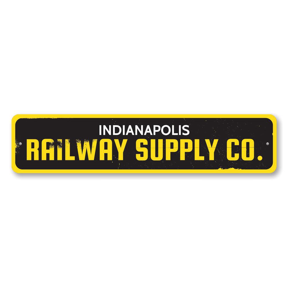 Railway Supply Company Sign made of high-quality aluminum, featuring customizable text and pre-drilled holes for easy mounting.