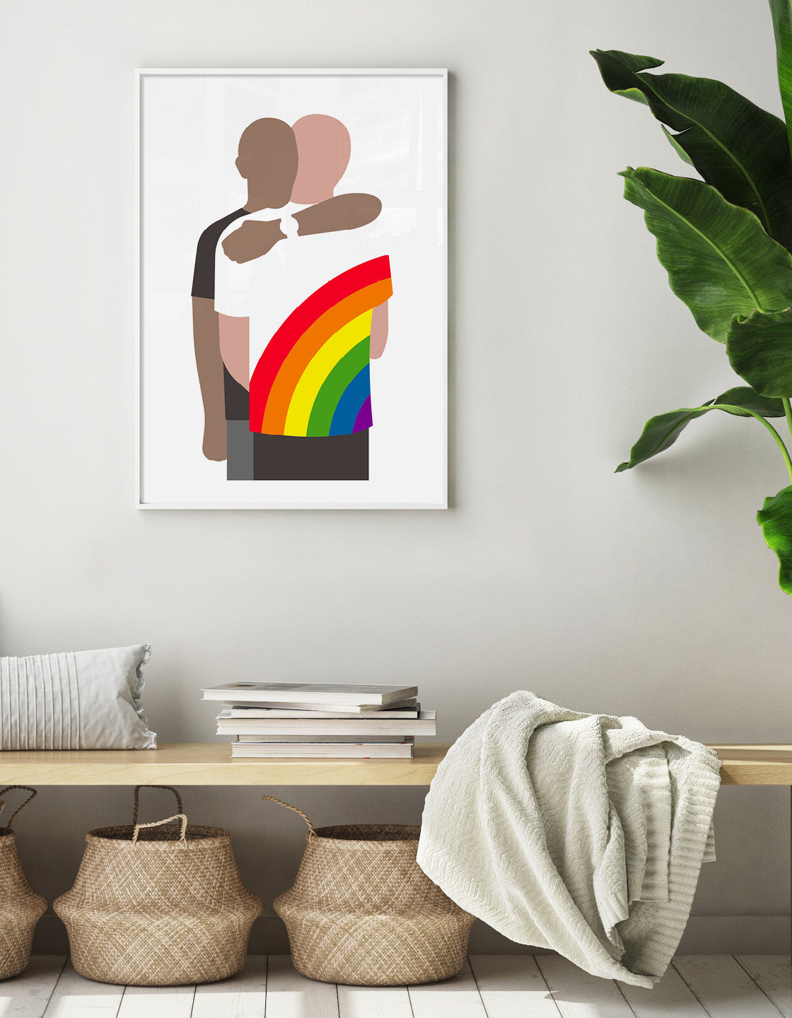 A minimalistic print of a hugging couple, symbolizing love and togetherness, designed for modern home decor.