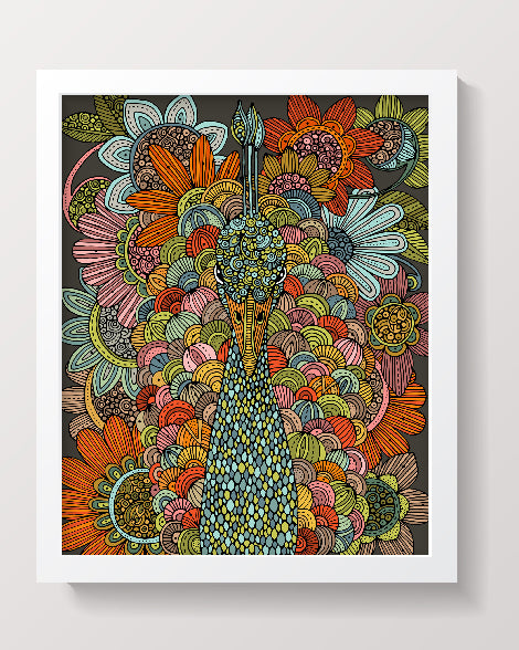 A vibrant Rainbow Peacock archival art print featuring intricate pen and ink details with colorful digital enhancements, ready for framing.