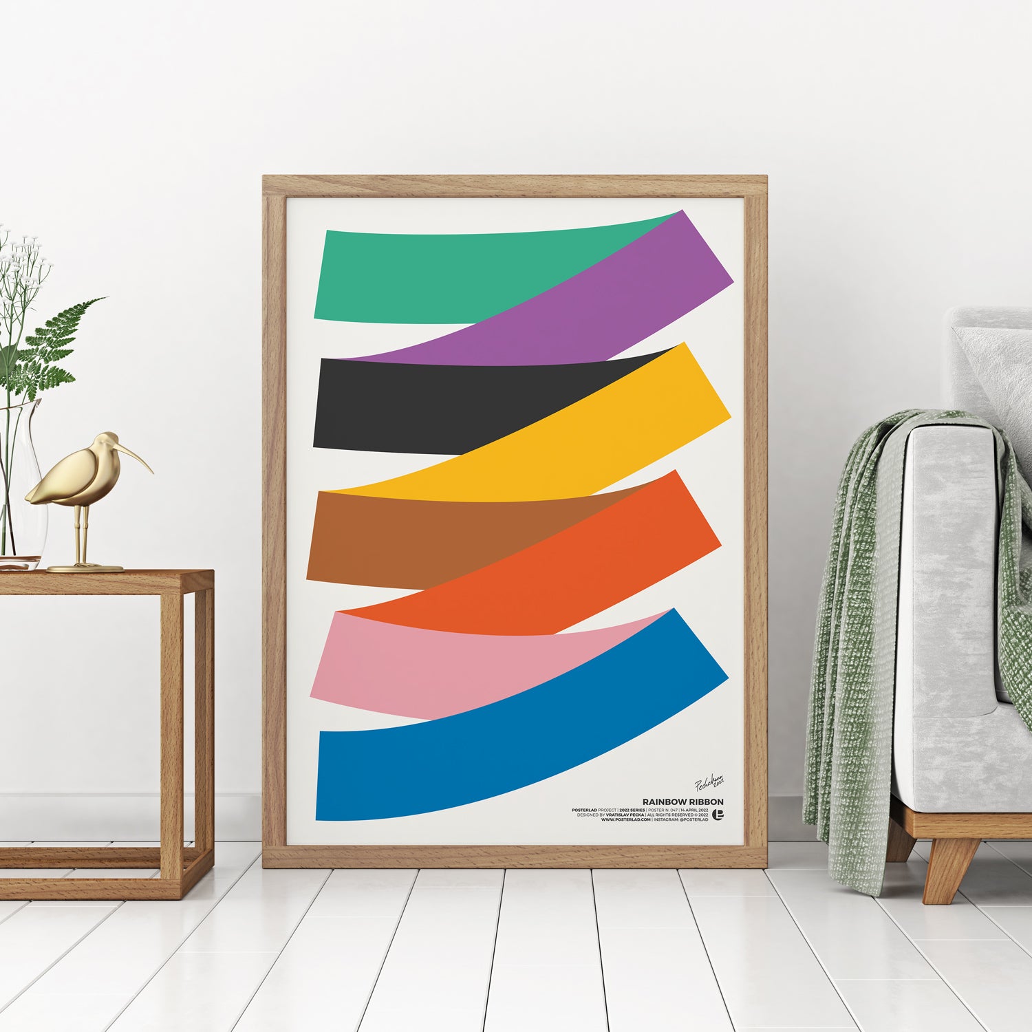 A vibrant Rainbow Ribbon poster featuring colorful stripes on thick matte paper, perfect for brightening any interior space.