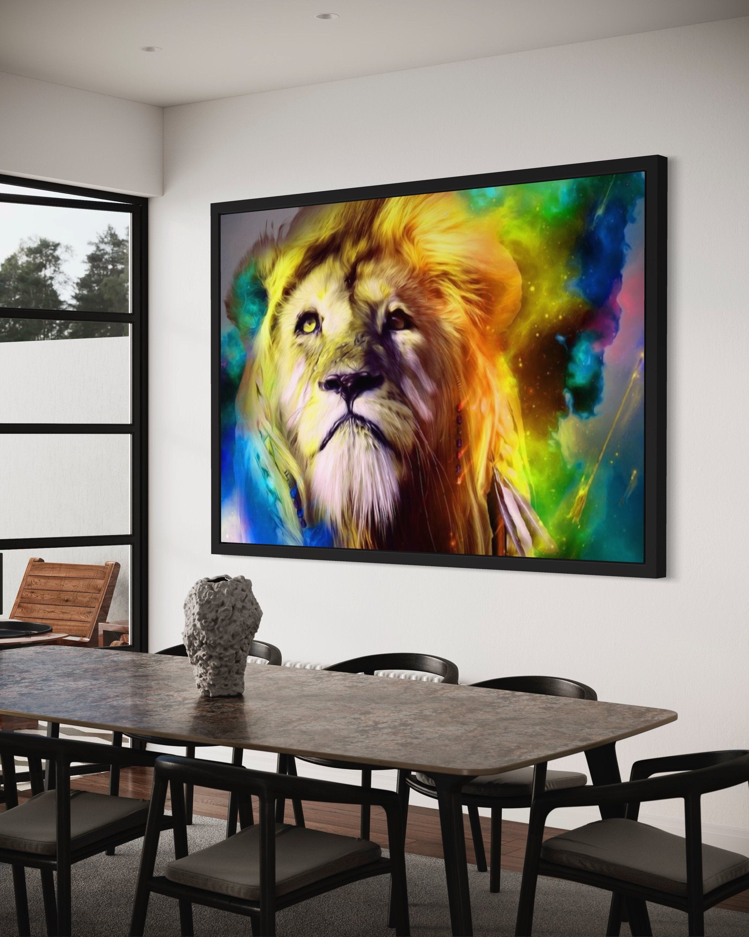 A vibrant artwork featuring a lion's head with a braided plait against a rainbow-hued cosmic cloud background.