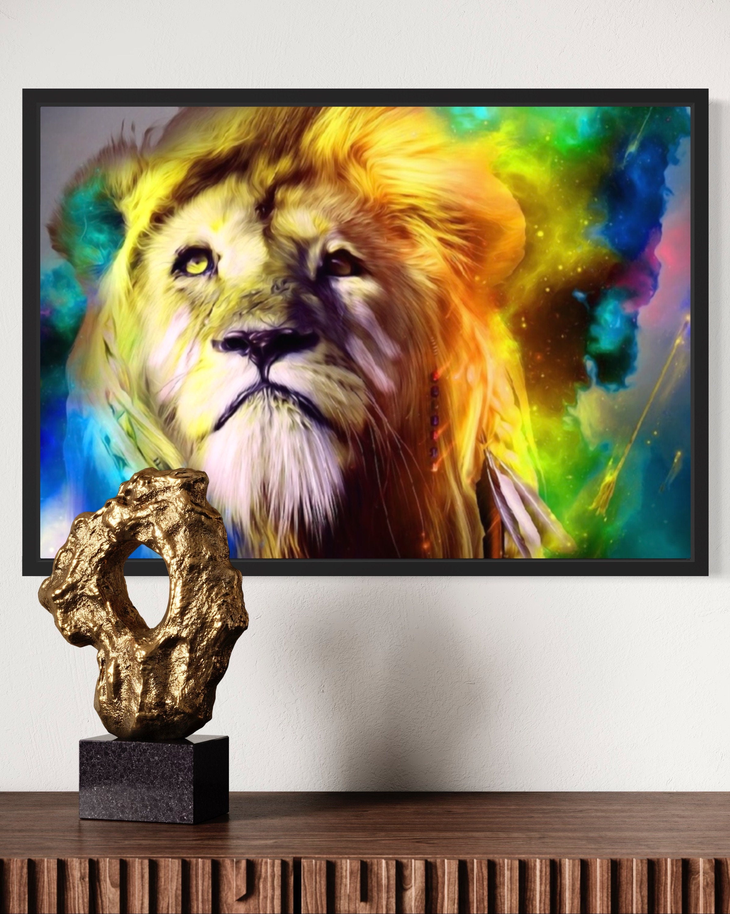 A vibrant artwork featuring a lion's head with a braided plait against a rainbow-hued cosmic cloud background.