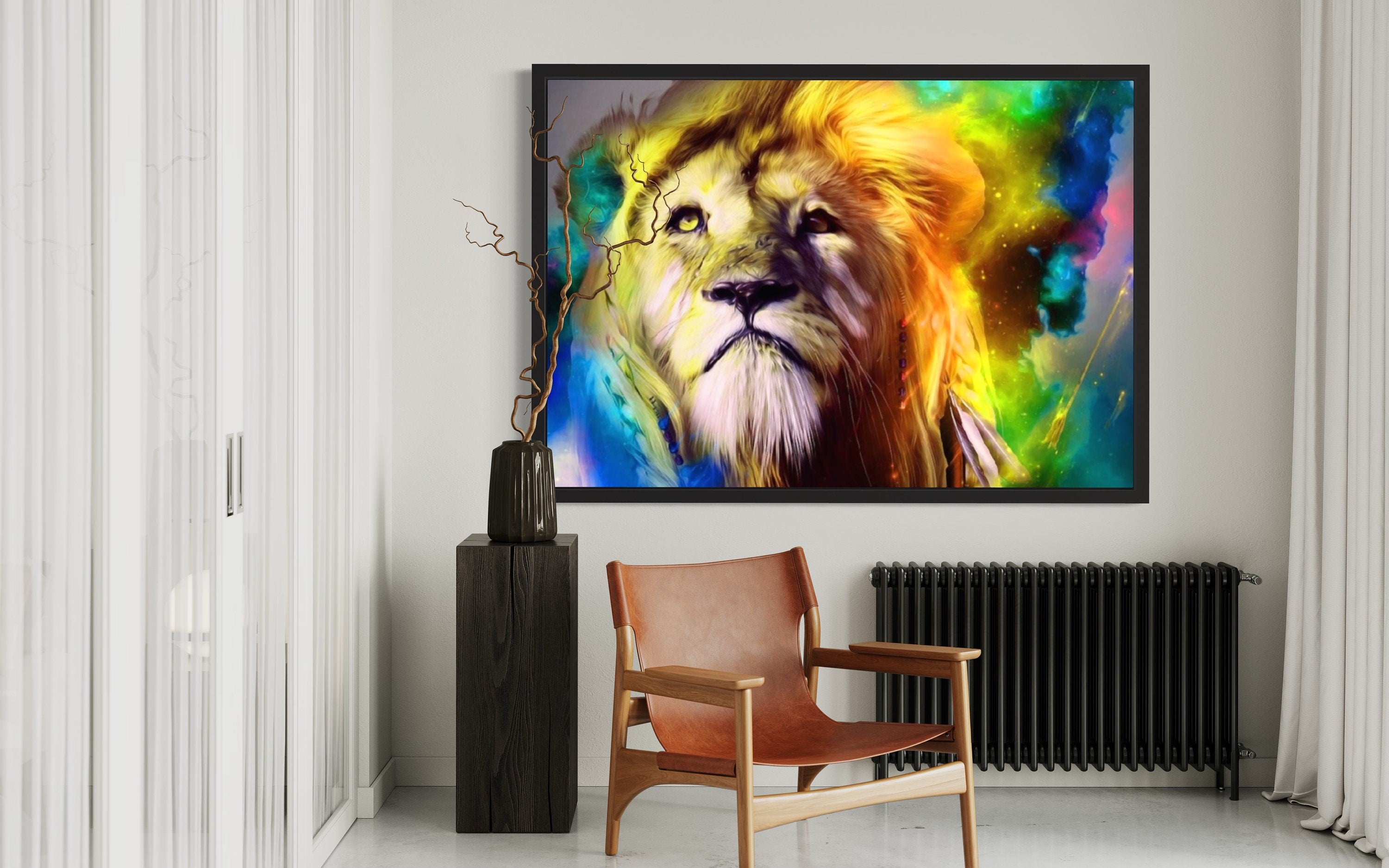 A vibrant artwork featuring a lion's head with a braided plait against a rainbow-hued cosmic cloud background.