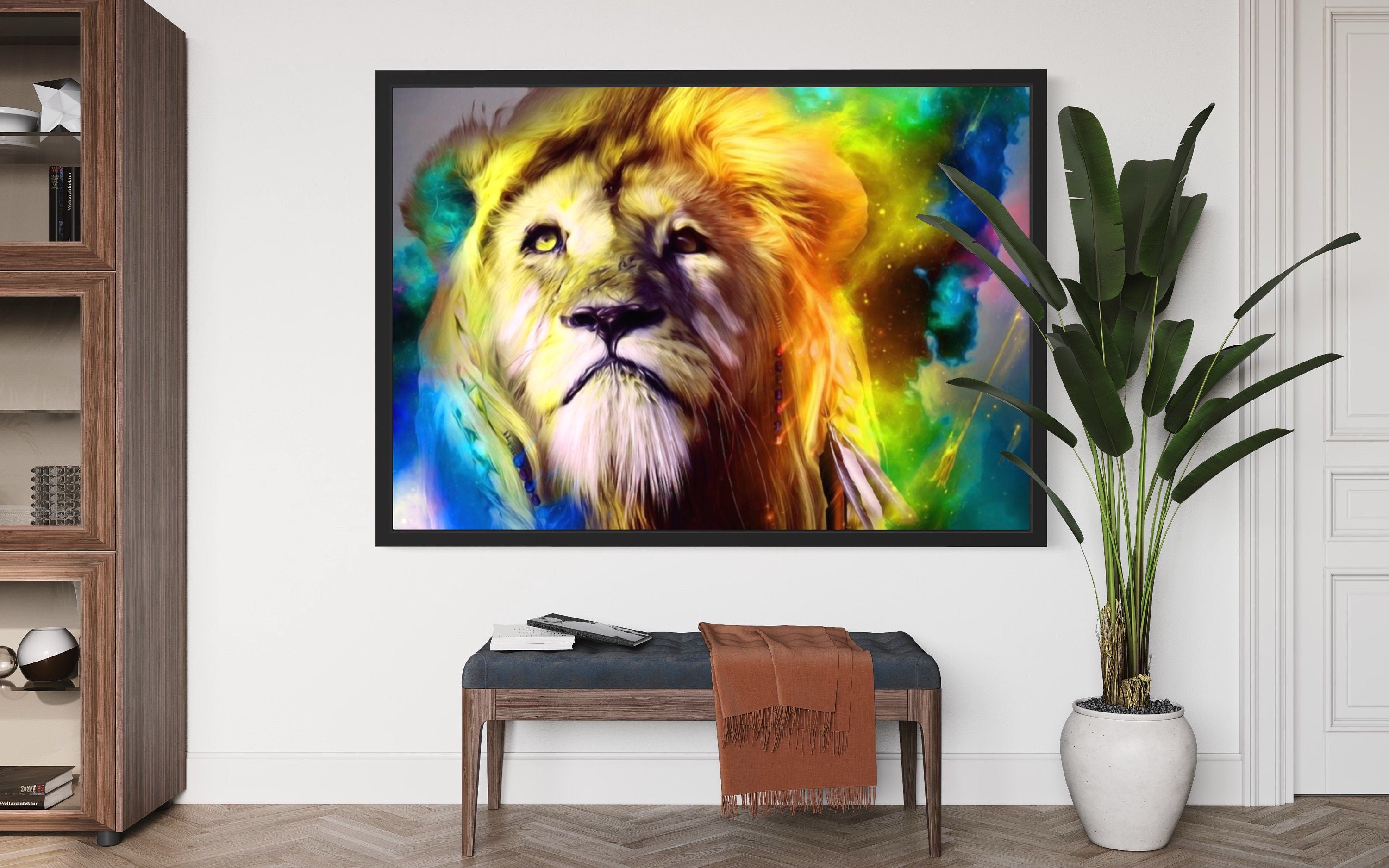 A vibrant artwork featuring a lion's head with a braided plait against a rainbow-hued cosmic cloud background.