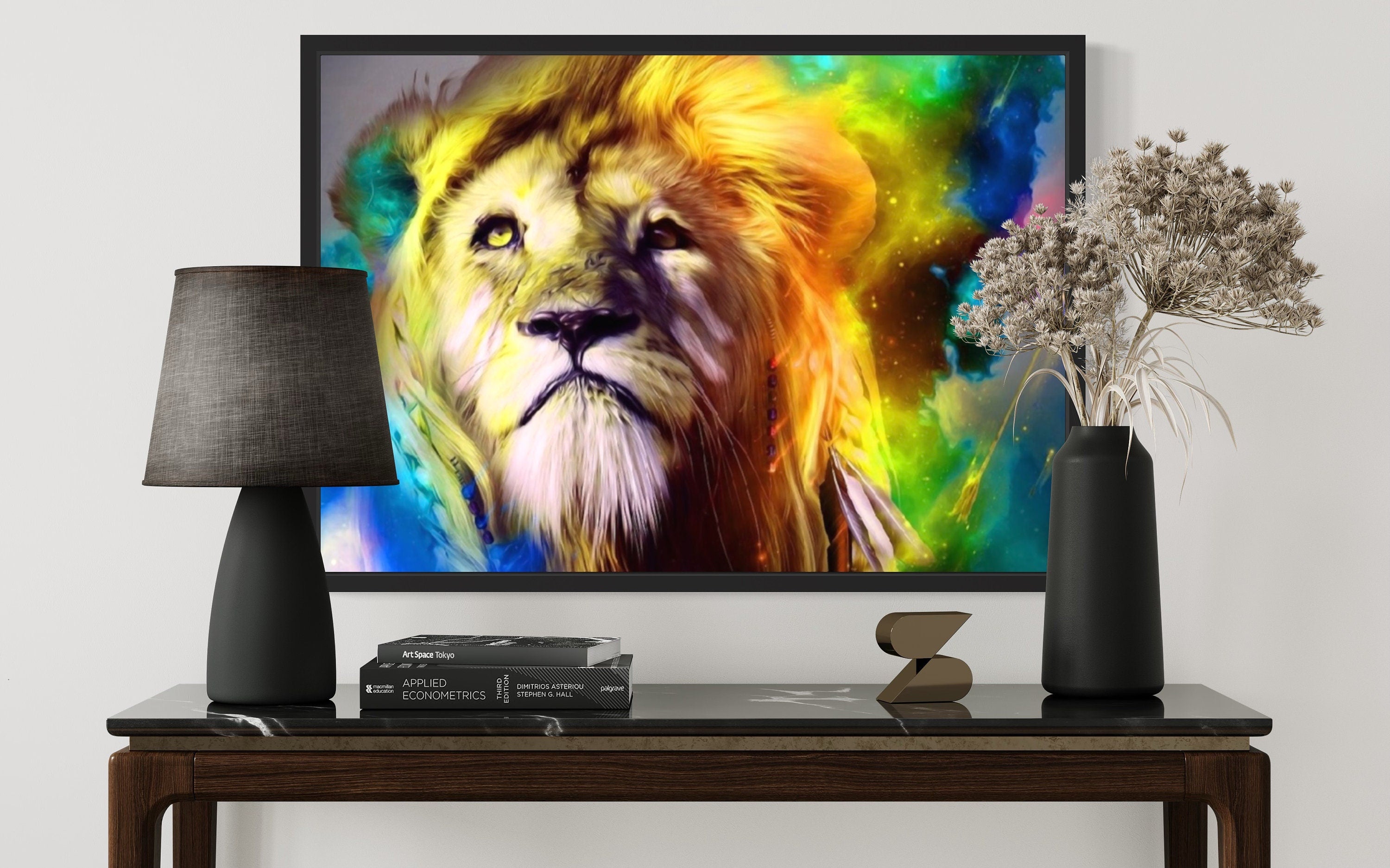 A vibrant artwork featuring a lion's head with a braided plait against a rainbow-hued cosmic cloud background.