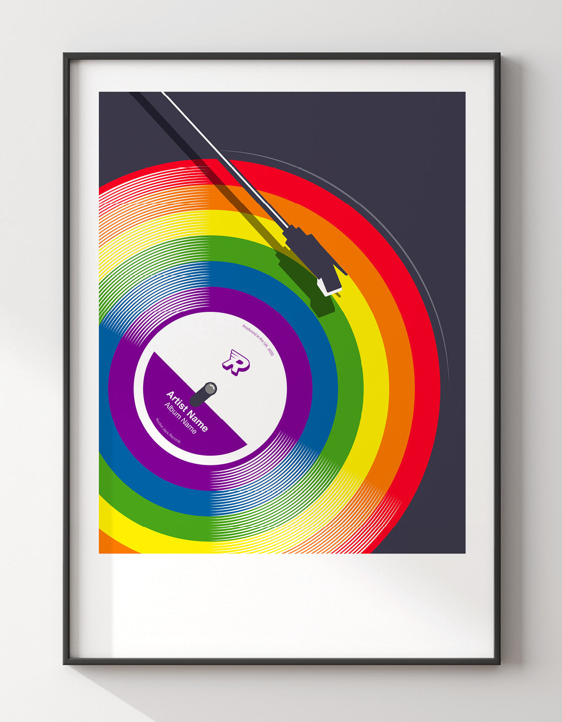 A colorful Rainbow vinyl record featuring a customizable label for artist name and song title.